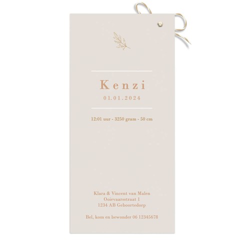 Bijzonder label geboortekaartje met bloemen en sterren in rosegoudfolie -  Kenzi