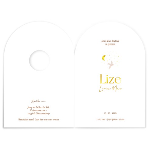 Geboortekaartje voor een meisje in boogvorm met doorkijkje en maantje met goudfolie - Lize