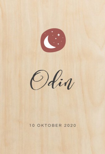 Geboortekaartje op echt hout met maan sterretjes - Odin