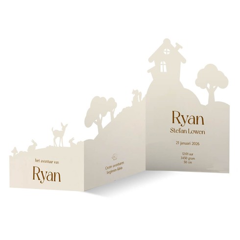 Geboortekaartje jongen avontuurlijk met bosdieren en huisjes in paperwise look - Ryan