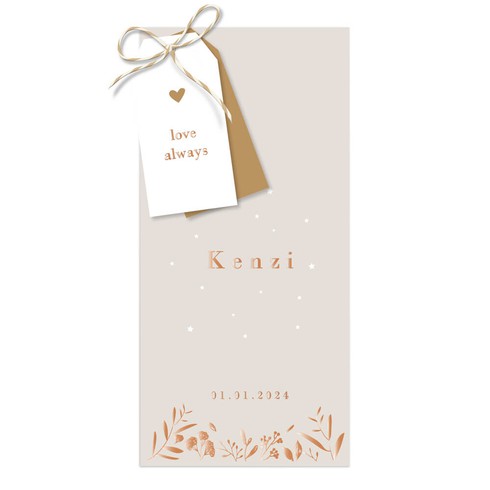 Bijzonder label geboortekaartje met bloemen en sterren in rosegoudfolie -  Kenzi