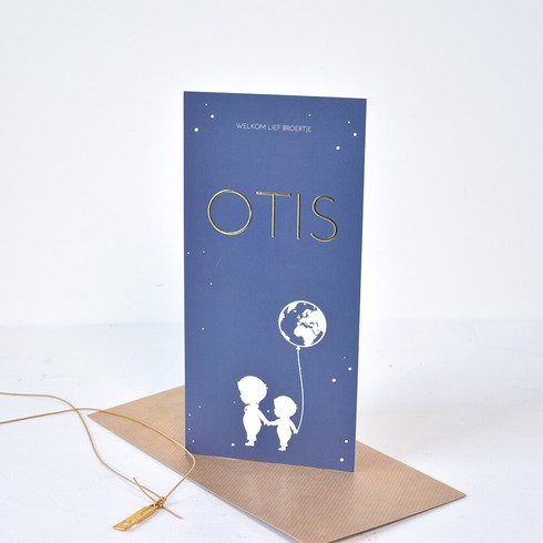 Geboortekaartje broertjes silhouette wereldbol foliedruk stoer - Otis