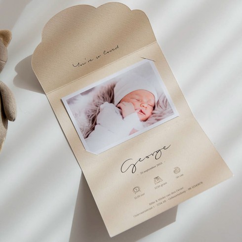 Geboortekaartje jongen pocketfold in wolk vorm inclusief foto - George
