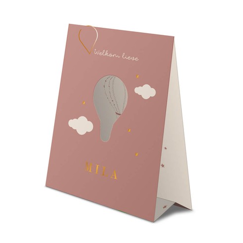 Geboortekaartje tentkaartje voor meisje met luchtballon en koperfolie - Mila