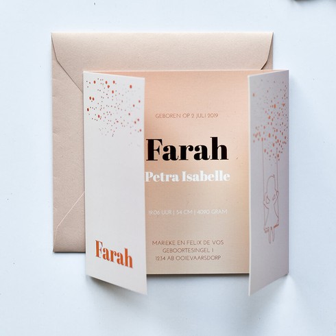 Geboortekaartje tweeluik koperfolie silhouetje meisje schommel - Farah