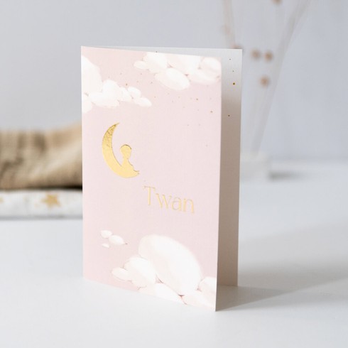 Geboortekaartje voor jongen met silhouet op maantje tussen de wolken - Twan