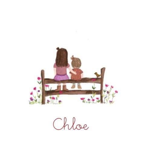 Geboortekaartje zusjes op een bankje met bloemen - Chloe