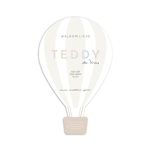 Geboortekaartje luchtballon vorm en regenboog folie - Teddy