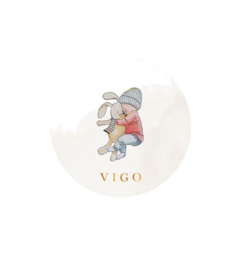 Jongen geboortekaartje met illustratieve baby, knuffel en koperfolie- Vigo
