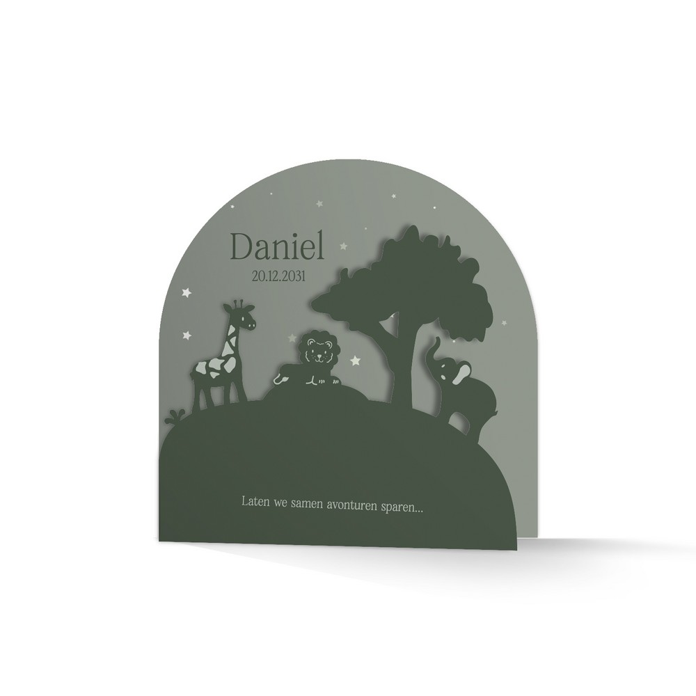 Geboortekaartje jongen 3d jungle dieren met leeuw in stoer groen - Daniel