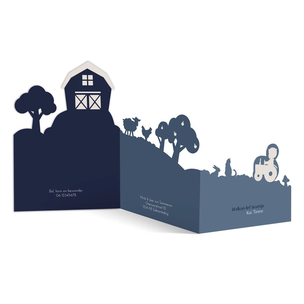 Sample 3d geboortekaartje boerderij - donkerblauw