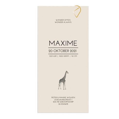 Geboortekaartje giraf print met naamlabel - Maxime