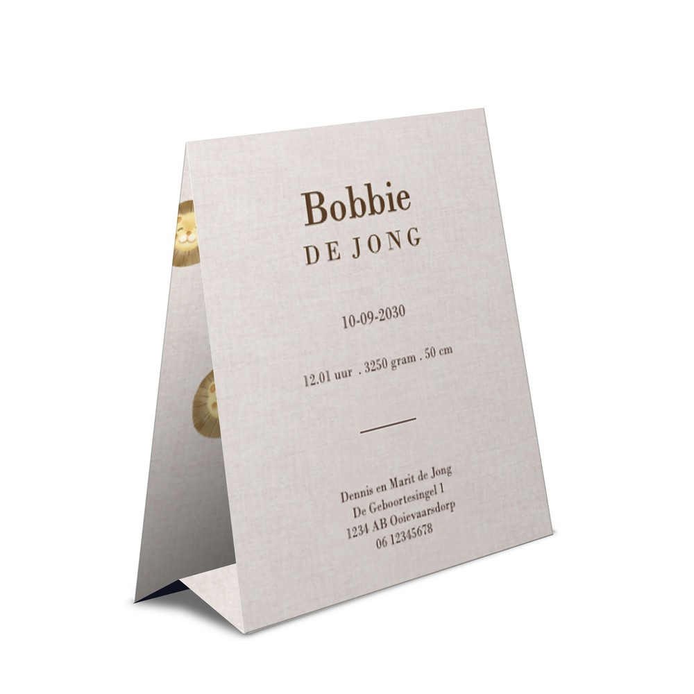 Geboortekaartje jongen met lieve leeuw en linnenlook in aparte vorm - Bobbie