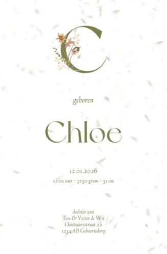 Geboortekaartje groeipapier typografisch met bloemen - Chloe