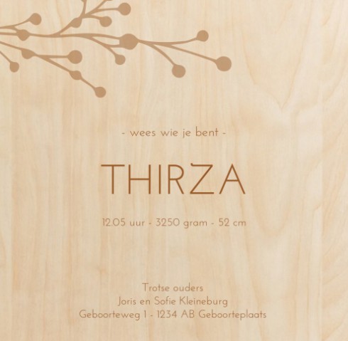 Echt hout geboortekaartje bloem - Thirza