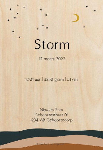 Echt hout geboortekaartje heuvels silhouetje- Storm