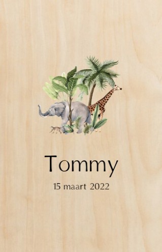 Geboortekaartje op echt hout in jungle thema - Tommy
