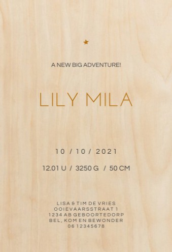 Echt hout geboortekaartje panterprint Lily Mila achter