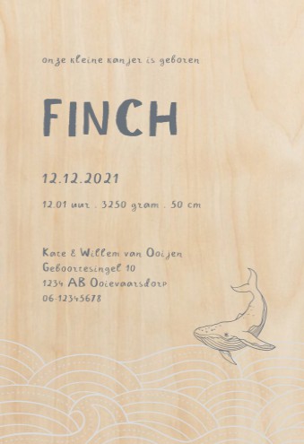 Echt hout geboortekaartje walvis golfjes - Finch