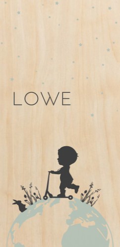 Echt hout geboortekaartje silhouet jongen wereldbol - Lowe