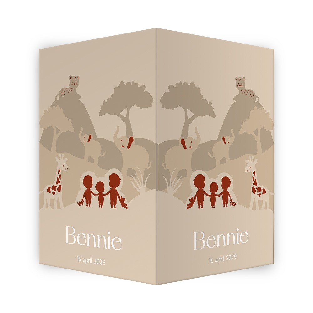Geboortebord jungle skyline en dieren met drie kindjes in warm bruin - Bennie