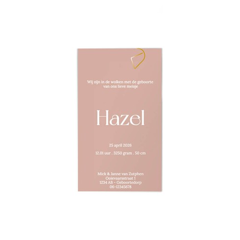 Label geboortekaartje met wolk vorm en doorkijkje in roze tinten - Hazel