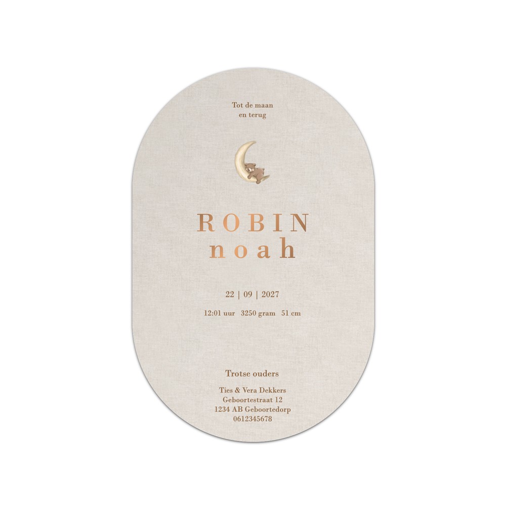 Uniseks geboortekaartje linnenlook en hoogglans met een lieve beer illustratie - Robin