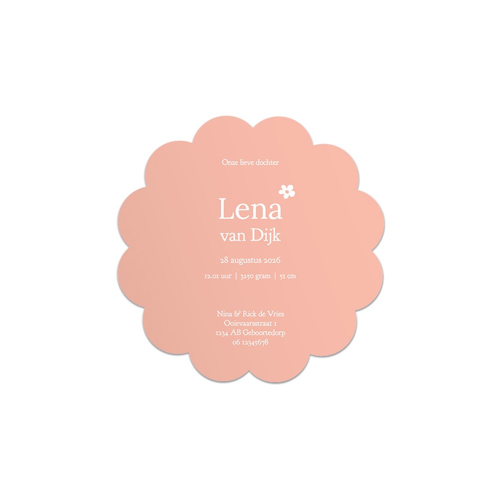 Geboortekaartje meisje in bloemenvorm met lieve kleuren en rosegoude details - Lena