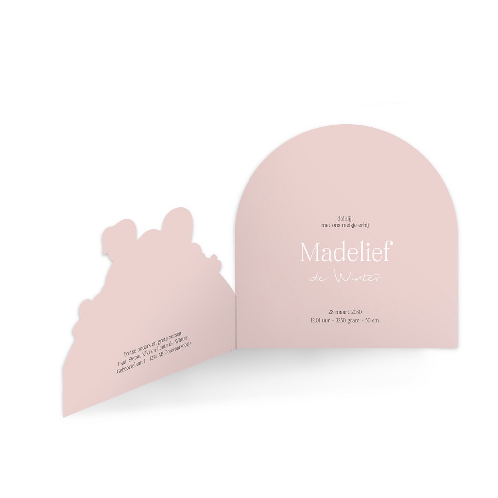 Geboortekaartje meisje met twee grote zussen in rosegoudfolie en bijzondere 3d vorm - Madelief