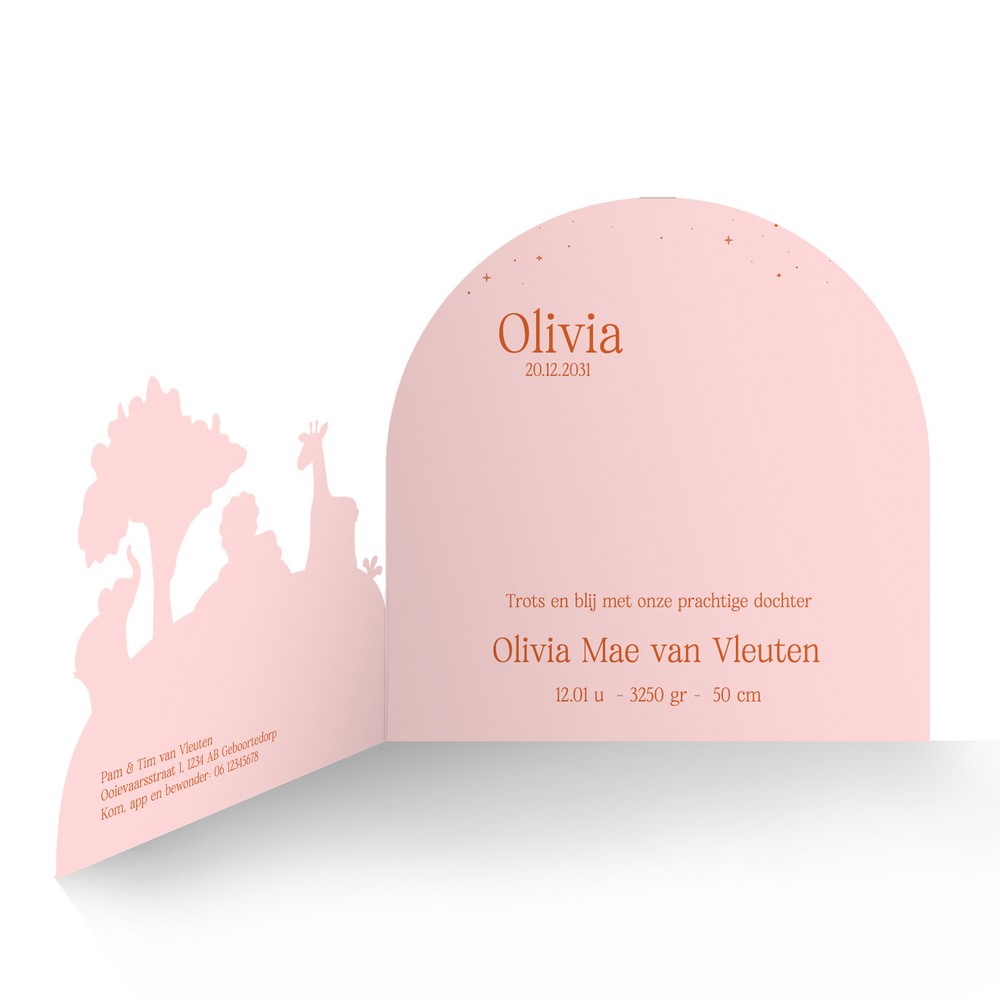 3d meisjes geboortekaartje met verschillende jungle dieren en vrolijke kleuren - Olivia Mae