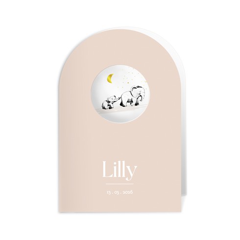 Geboortekaartje voor een meisje in boogvorm met olifantjes en groot doorkijkje - Lilly