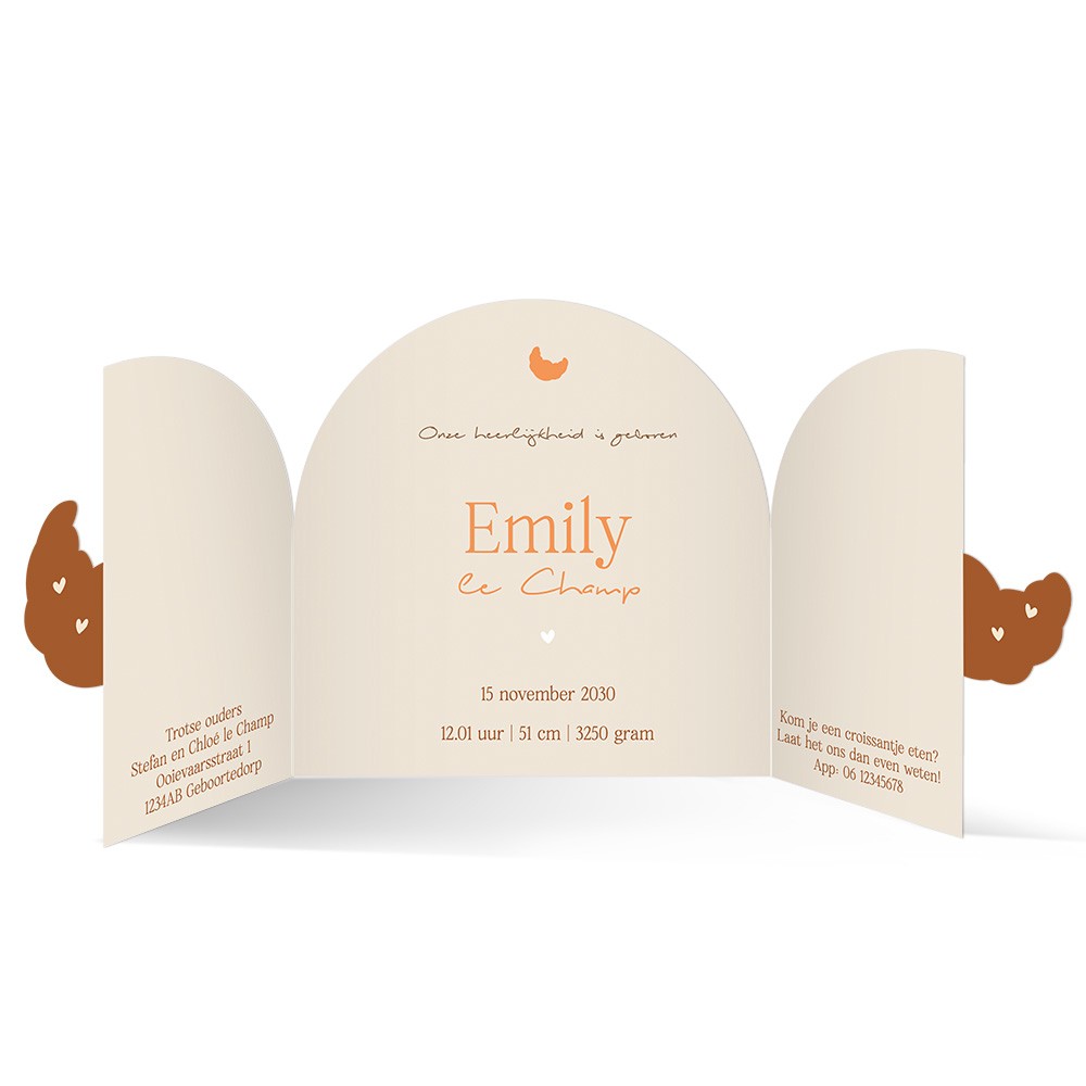 Geboortekaartje voor een dochter met speelse croissant vorm en vrolijk design - Emily