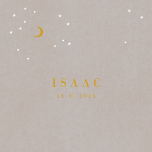 Geboortekaartje grijskarton maan en sterretjes 13x13 dubbel - Isaac voor