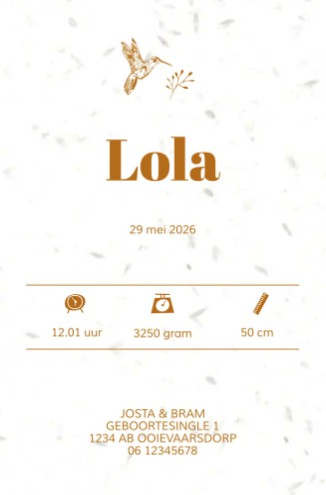 Geboortekaartje groeipapier typografisch met vogel en takje - Lola
