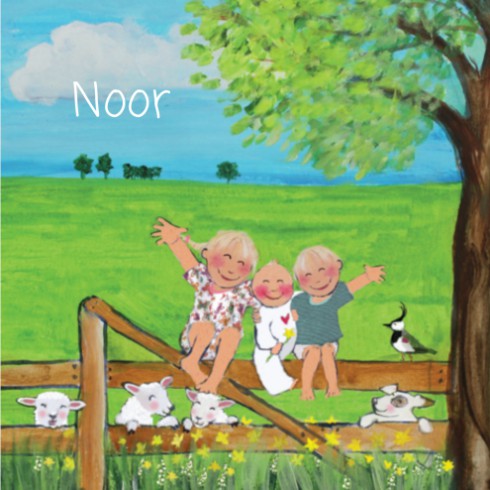 Geboortekaartje hek Noor met zus en broer - EB voor