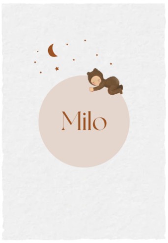 Geboortekaartje illustratie van baby met maan en sterren op handgeschept papier - Milo