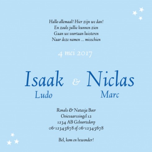 Geboortekaartje Isaak en Niclas - Gb