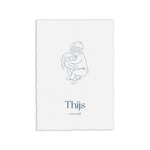 Geboortekaartje jongen met konijntje op handgeschept papier - Thijs