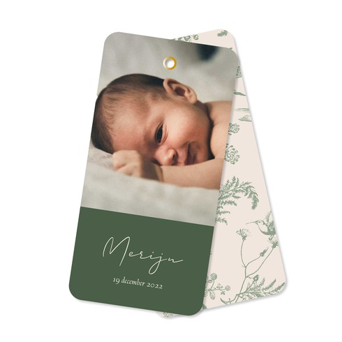 Label geboortekaartje met foto en botanische print in het groen - Merijn