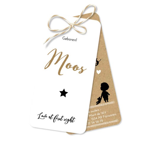 Stoer geboortekaartje met silhouette in label vorm - Moos