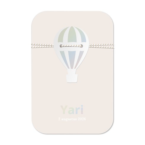 Jongens label geboortekaartje met een schattige luchtballon als los label met regenboog folie - Yari
