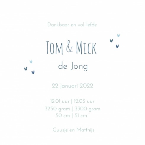Geboortekaartje Jongen Tweeling Tom en Mick