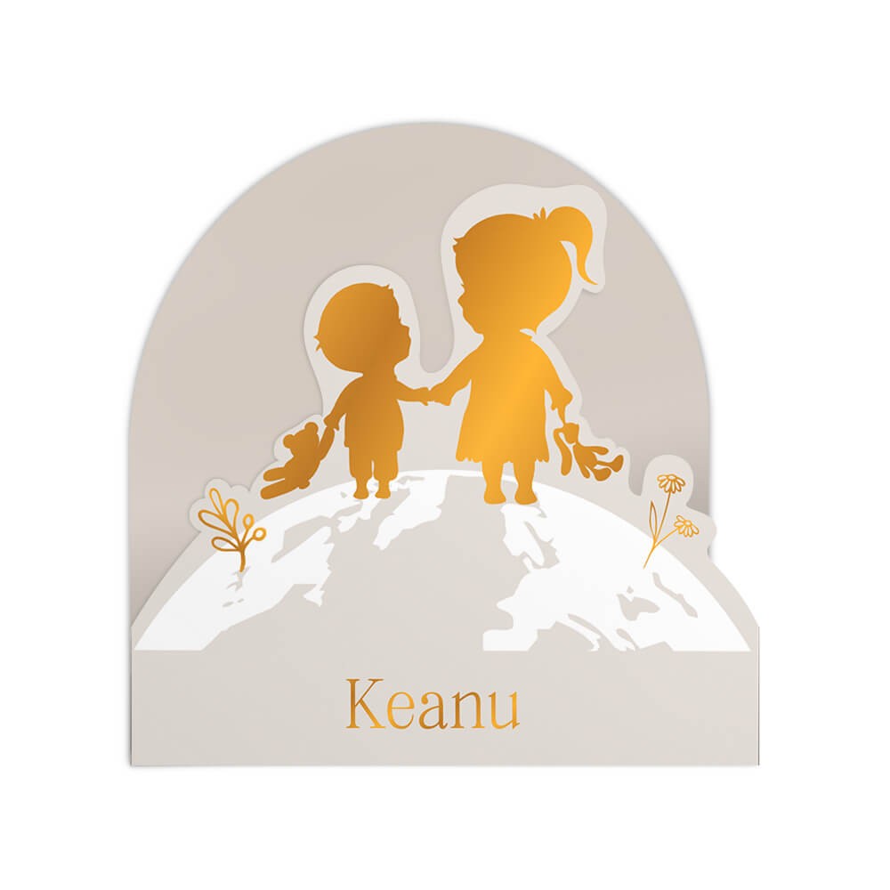 Geboortekaartje 3d jongen met grote zus in koperfolie op een wereldbol - Keanu