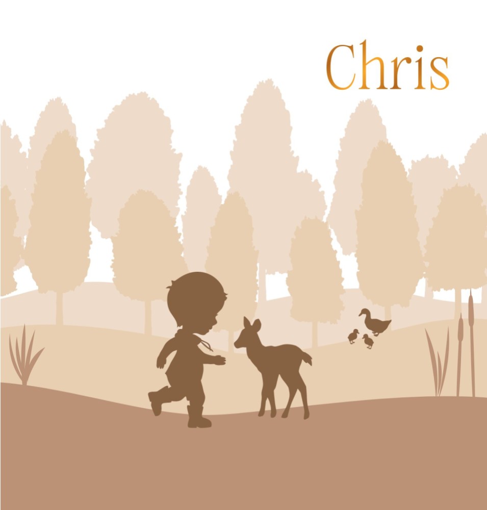 Geboortekaartje jongen op avontuur met hertje in het bos met koperfolie - Chris