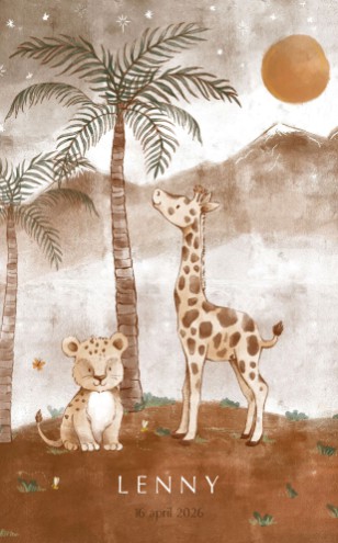 Geboortekaartje jongens jungle met giraffe, tijger en palmbomen - Lenny