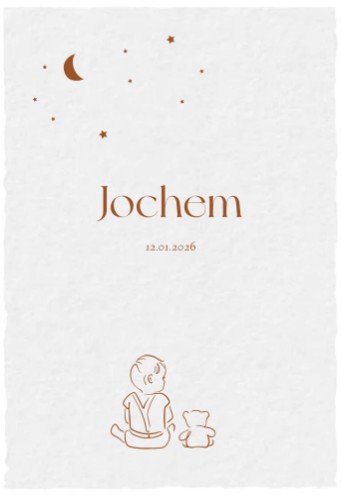 Geboortekaartje jongen met beertje sterren kijken op handgeschept papier - Jochem
