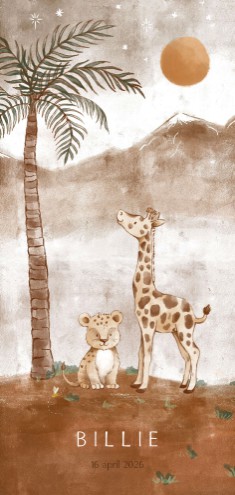 Geboortekaartje jungle meisje met tijger giraf en palmboom - Billie