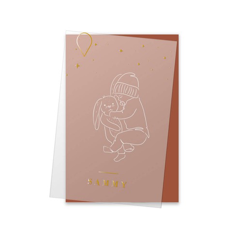 Geboortekaartje kalkpapier met konijn knuffel lijntekening - Sammy