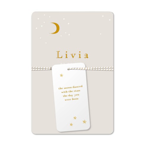 Geboortekaartje meisje lief met labeltje, maan en sterren - Livia
