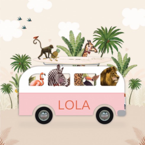 Geboortekaartje met jungledieren in een roze bus - Lola - LK